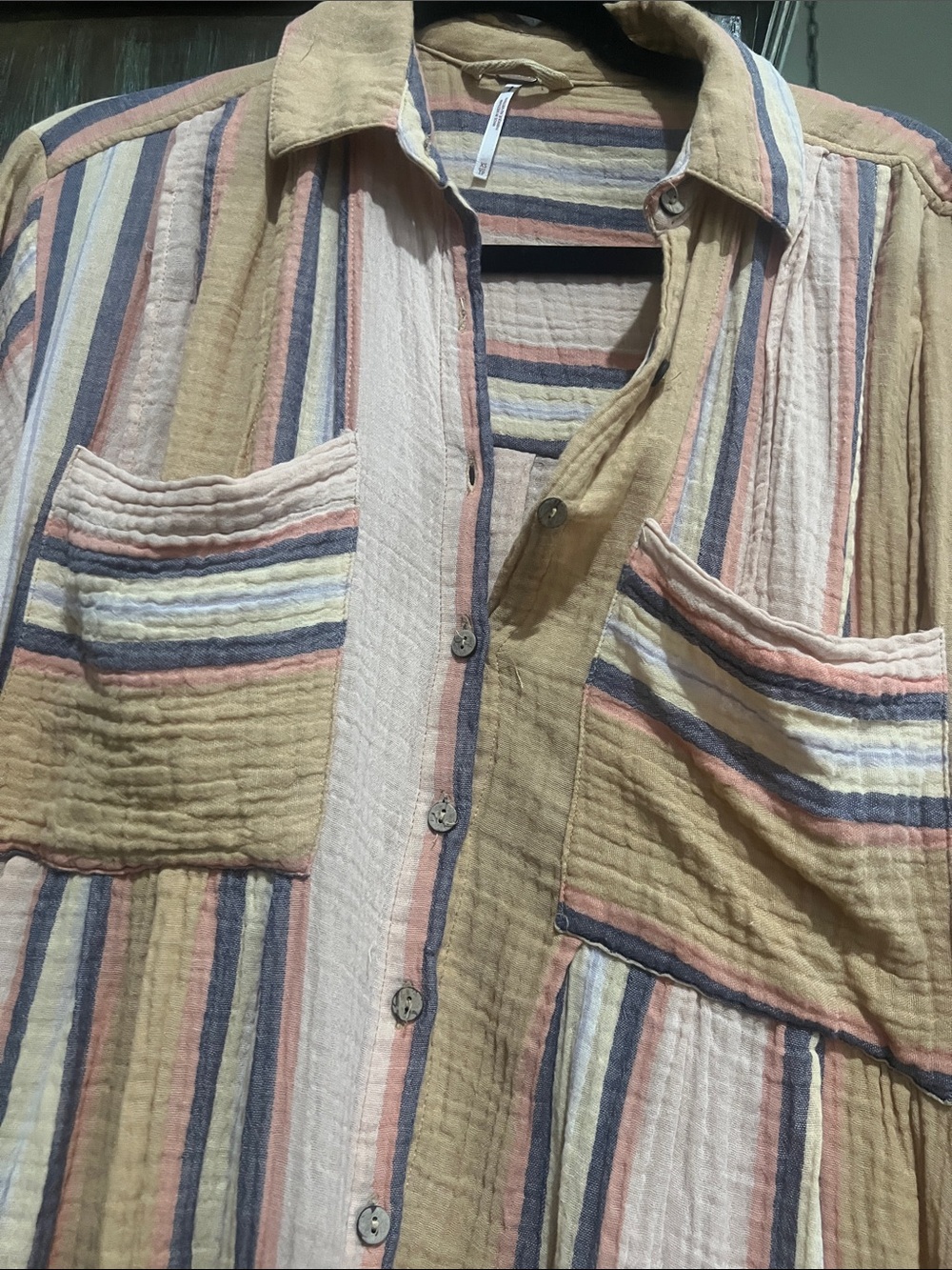 Striped Lightweight Button-Up Mini Dress - Peach Multi , Free People - Picture 2 of 5